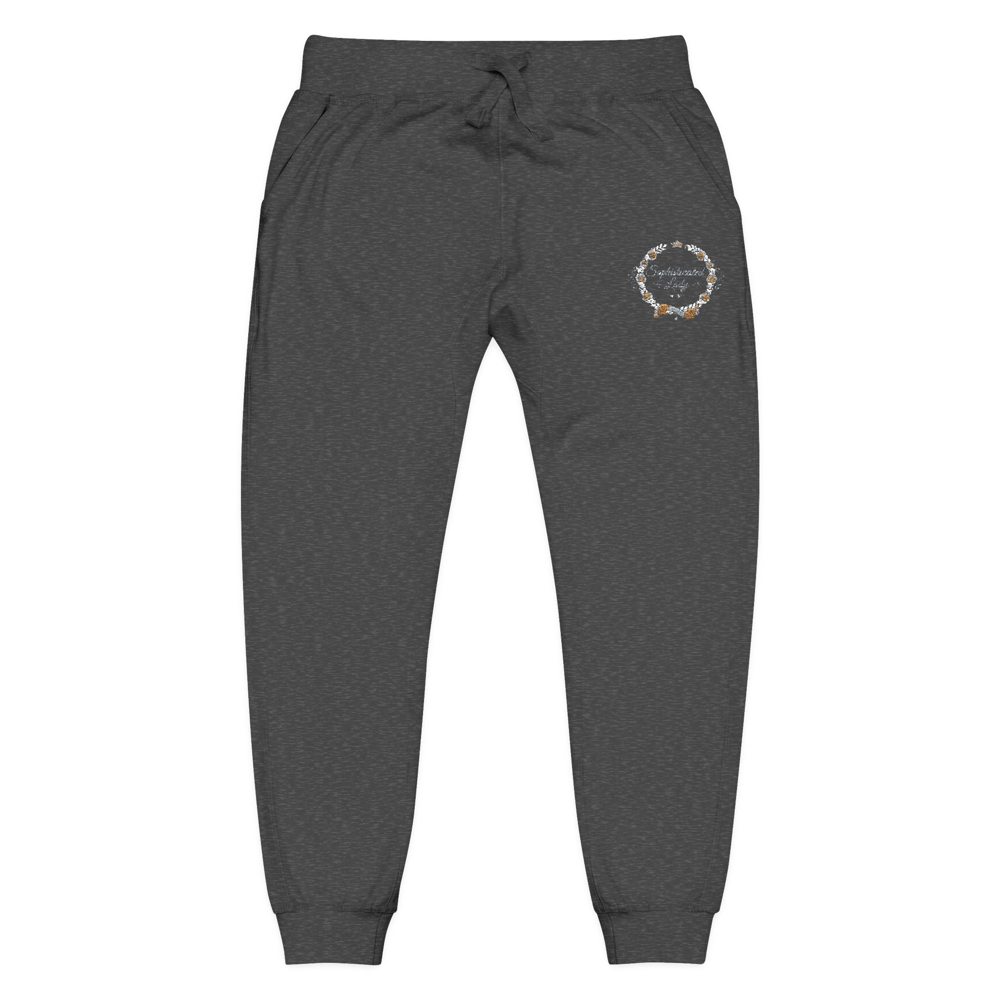 Sophisticated Lady - Embroidered Olive Green Fleece Sweatpants — Floral Compass Logo Joggers