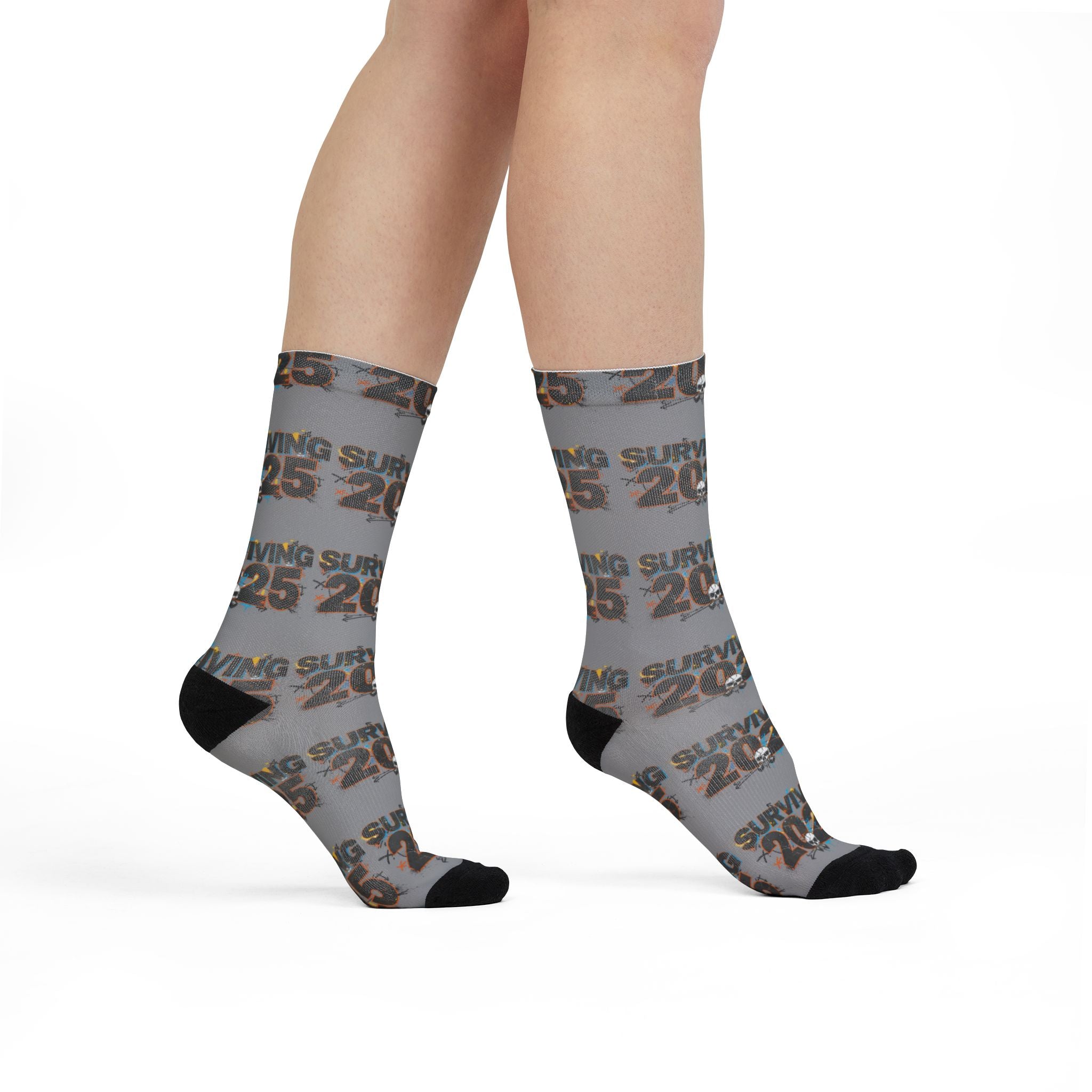 Surviving 2025 Sublimation Crew Socks — Funny Novelty Socks for New Year & Gag Gifts