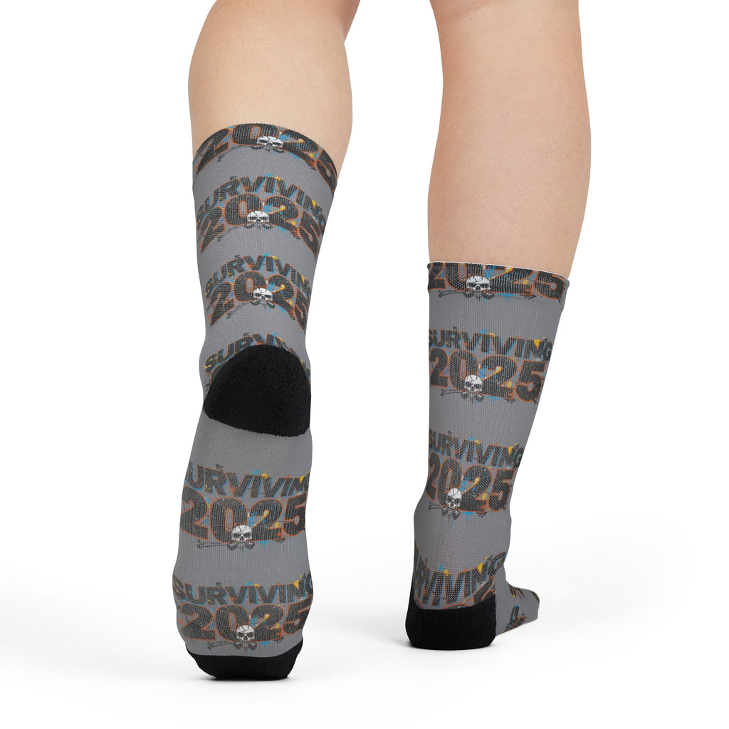 Surviving 2025 Sublimation Crew Socks — Funny Novelty Socks for New Year & Gag Gifts