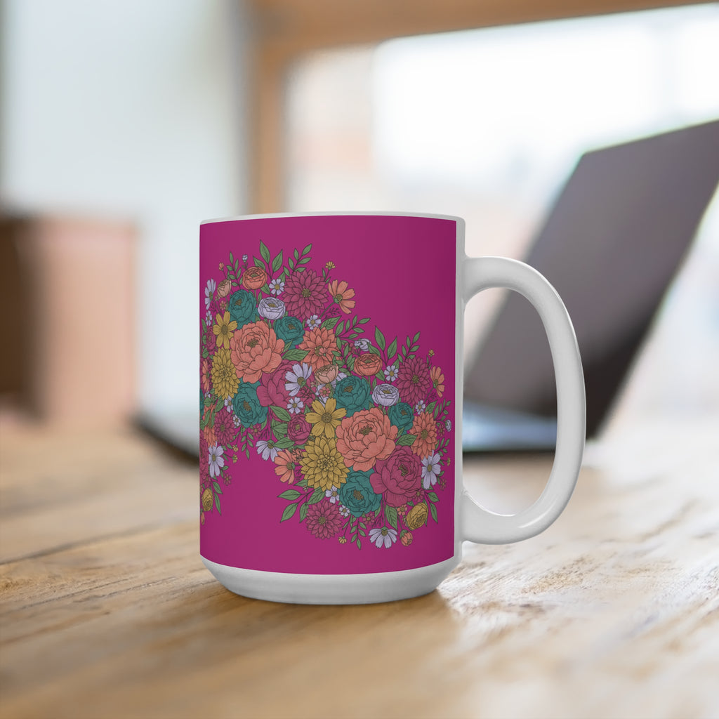 15oz Floral Heart Mug — Bright Pink Bouquet Coffee Cup