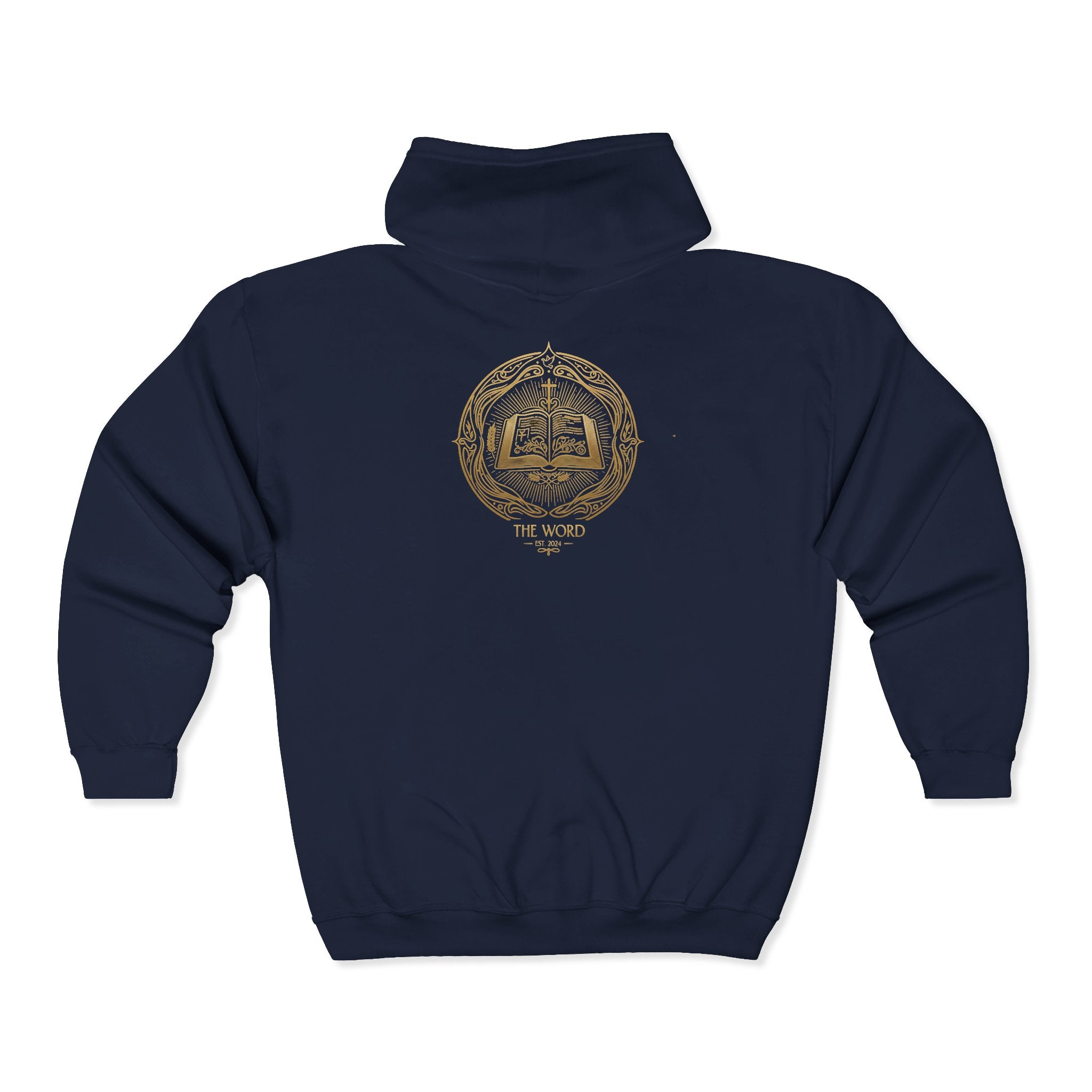 Gold Emblem Zip Hoodie — 'The Word' Vintage Crest Full‑Zip Sweatshirt