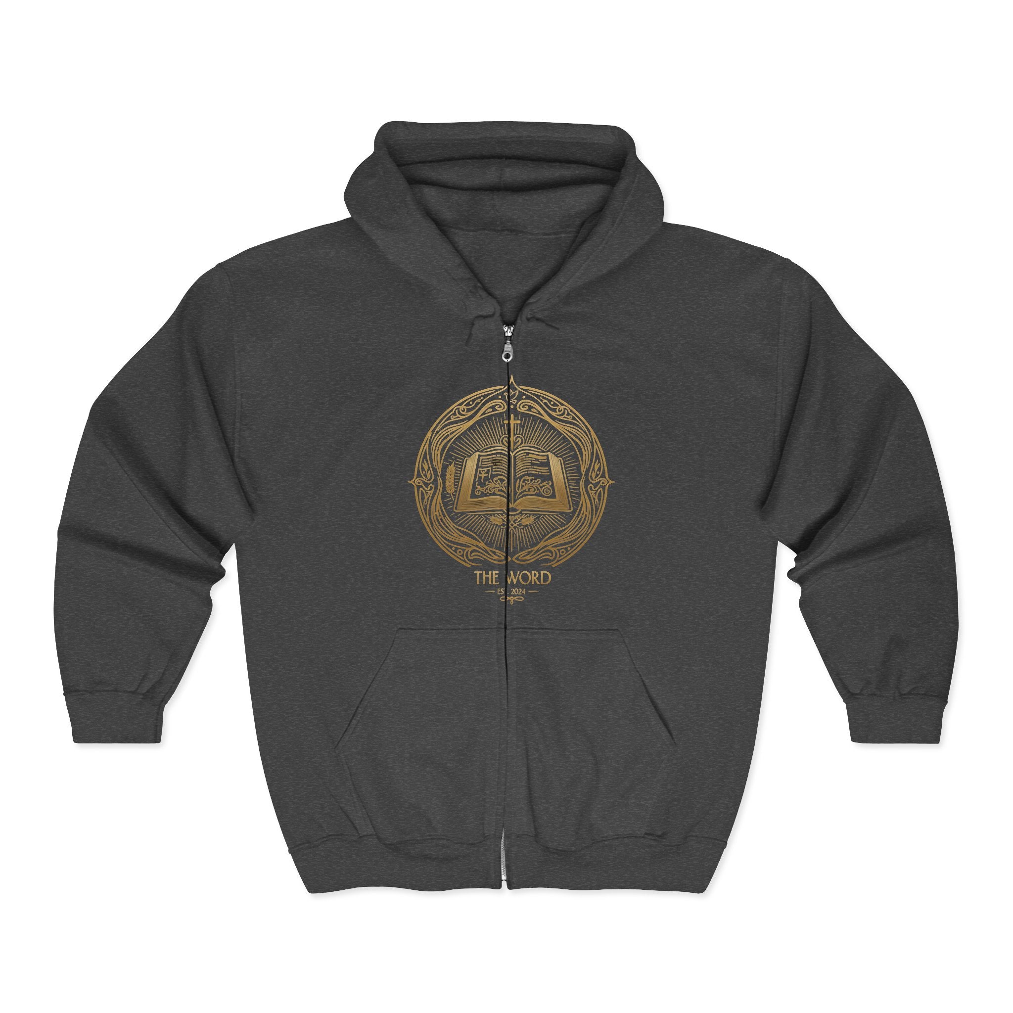 Gold Emblem Zip Hoodie — 'The Word' Vintage Crest Full‑Zip Sweatshirt