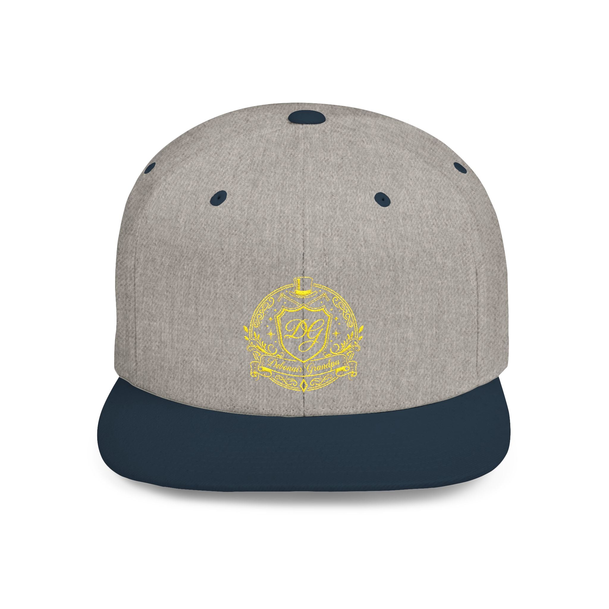 Debonair Grandpa Snapback Hat — Gold Floral Mandala Embroidered Flat Bill Cap