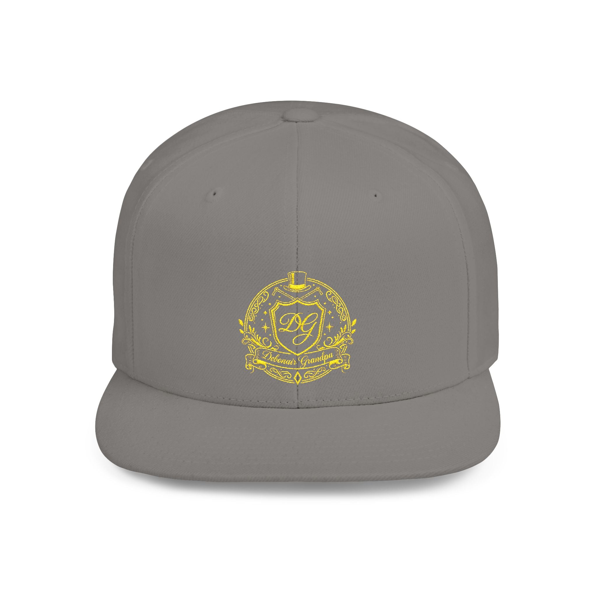 Debonair Grandpa Snapback Hat — Gold Floral Mandala Embroidered Flat Bill Cap