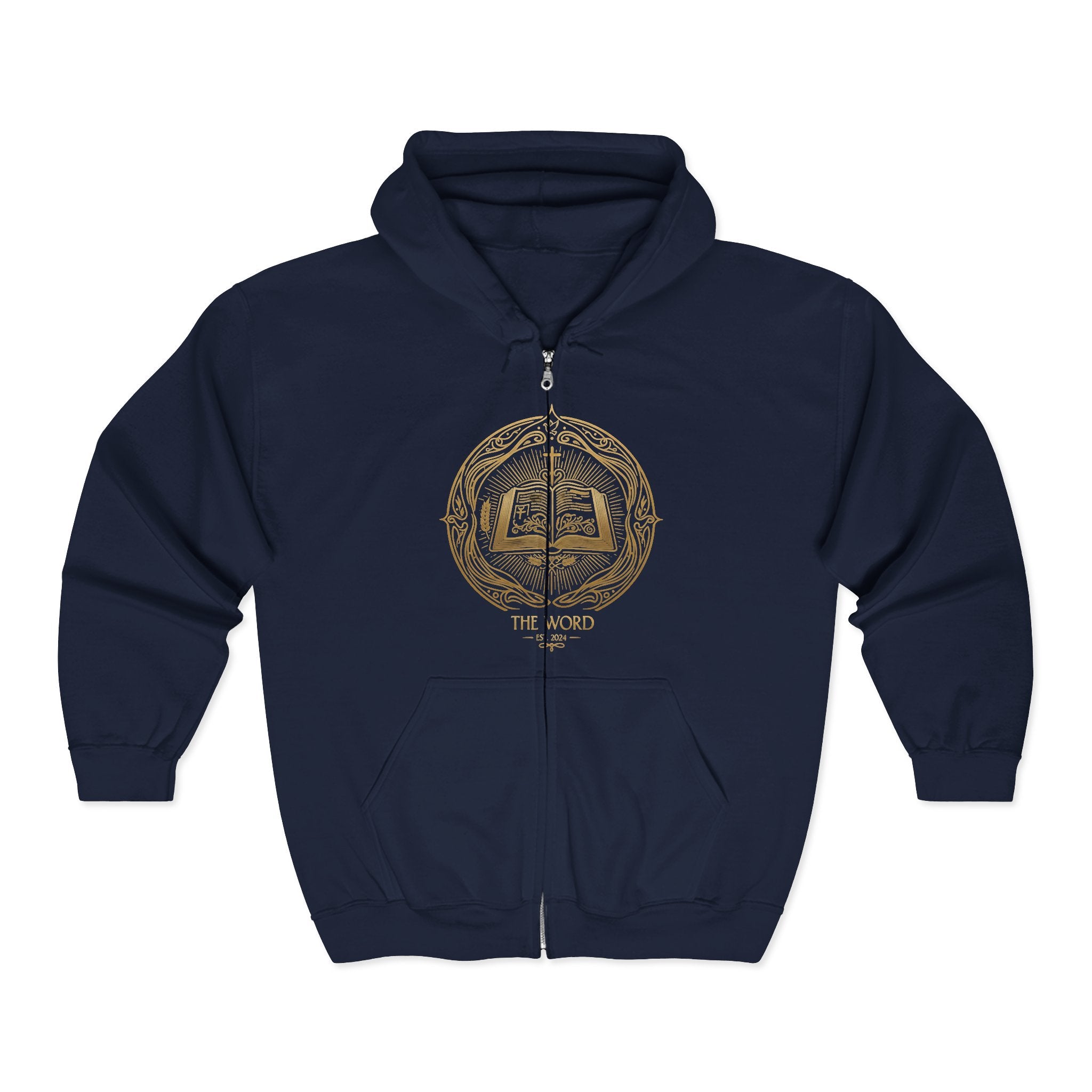 Gold Emblem Zip Hoodie — 'The Word' Vintage Crest Full‑Zip Sweatshirt