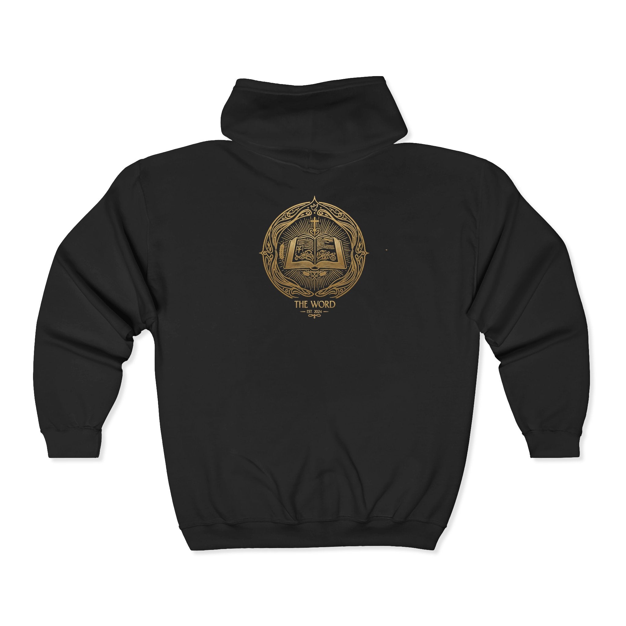 Gold Emblem Zip Hoodie — 'The Word' Vintage Crest Full‑Zip Sweatshirt