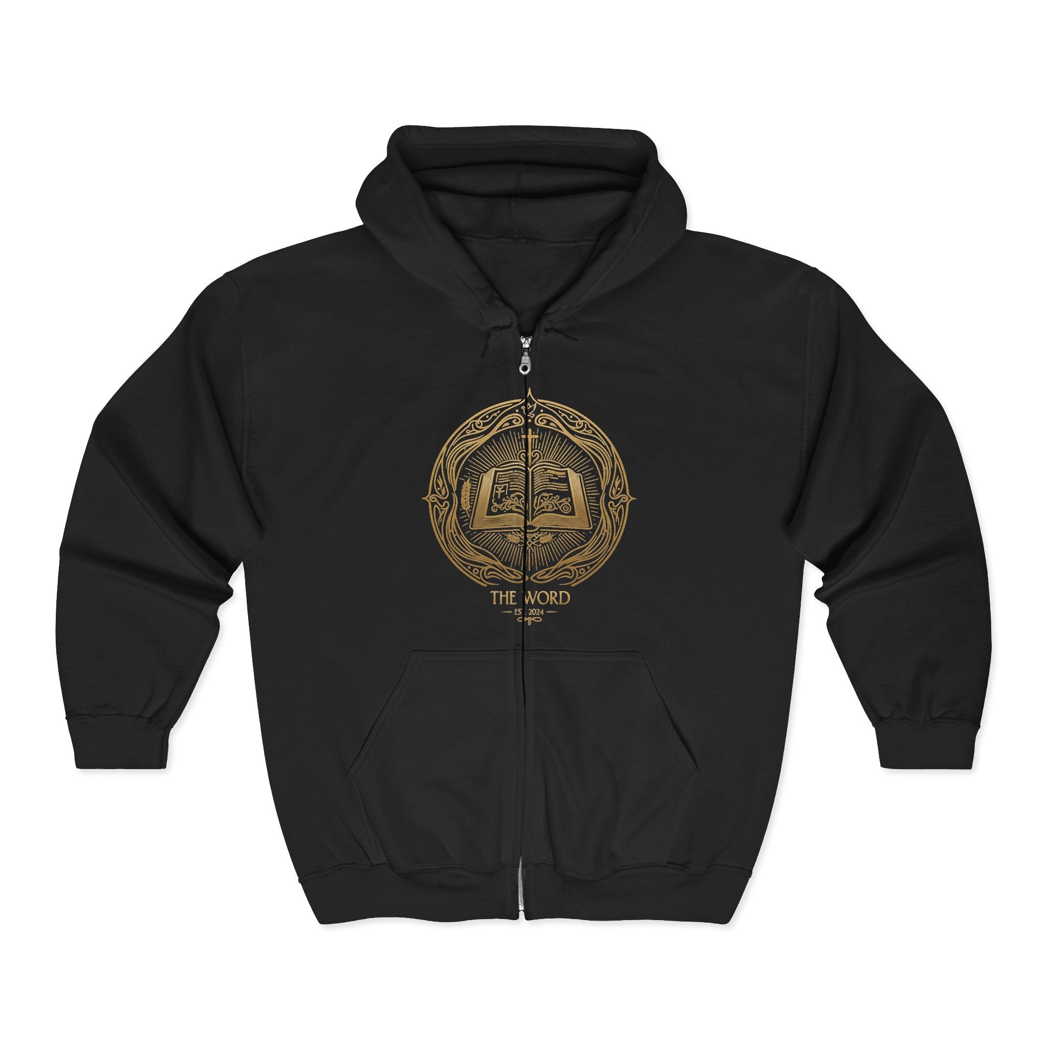 Gold Emblem Zip Hoodie — 'The Word' Vintage Crest Full‑Zip Sweatshirt