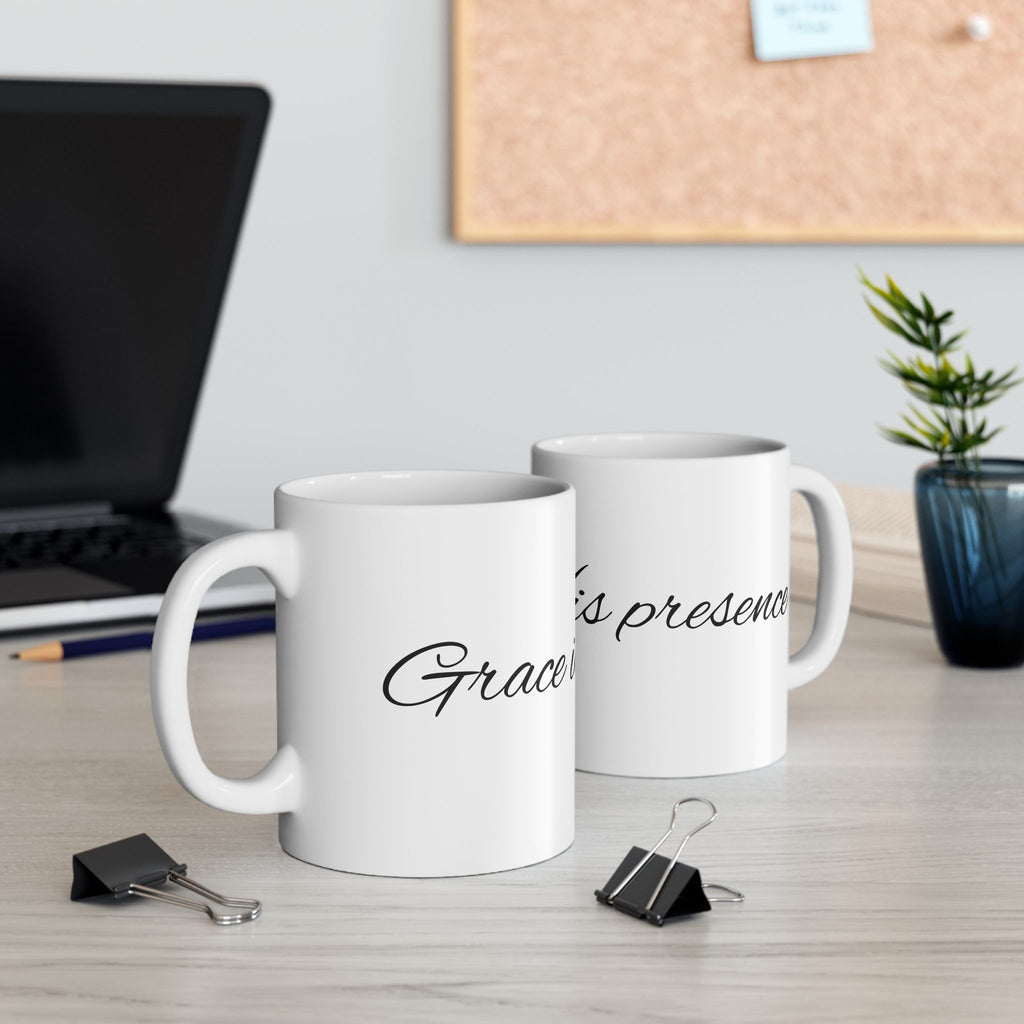 Inspirational Ceramic Mug – "Grace in His Presence" Script Coffee Cup (11oz, 15oz)