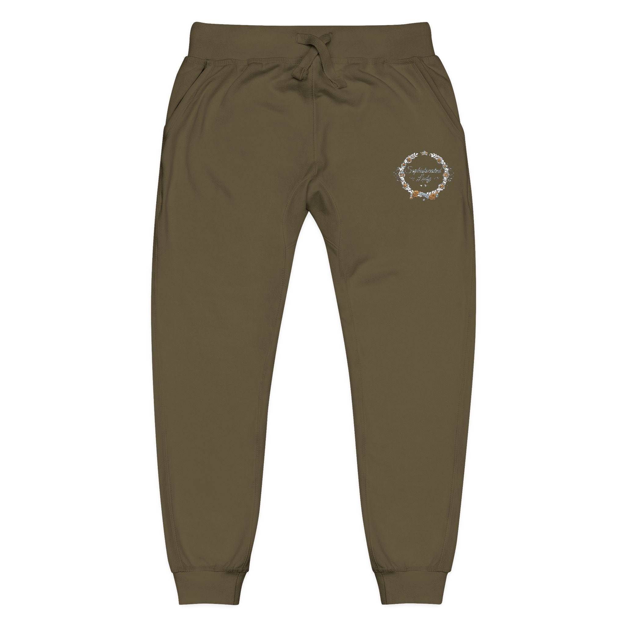 Sophisticated Lady - Embroidered Olive Green Fleece Sweatpants — Floral Compass Logo Joggers
