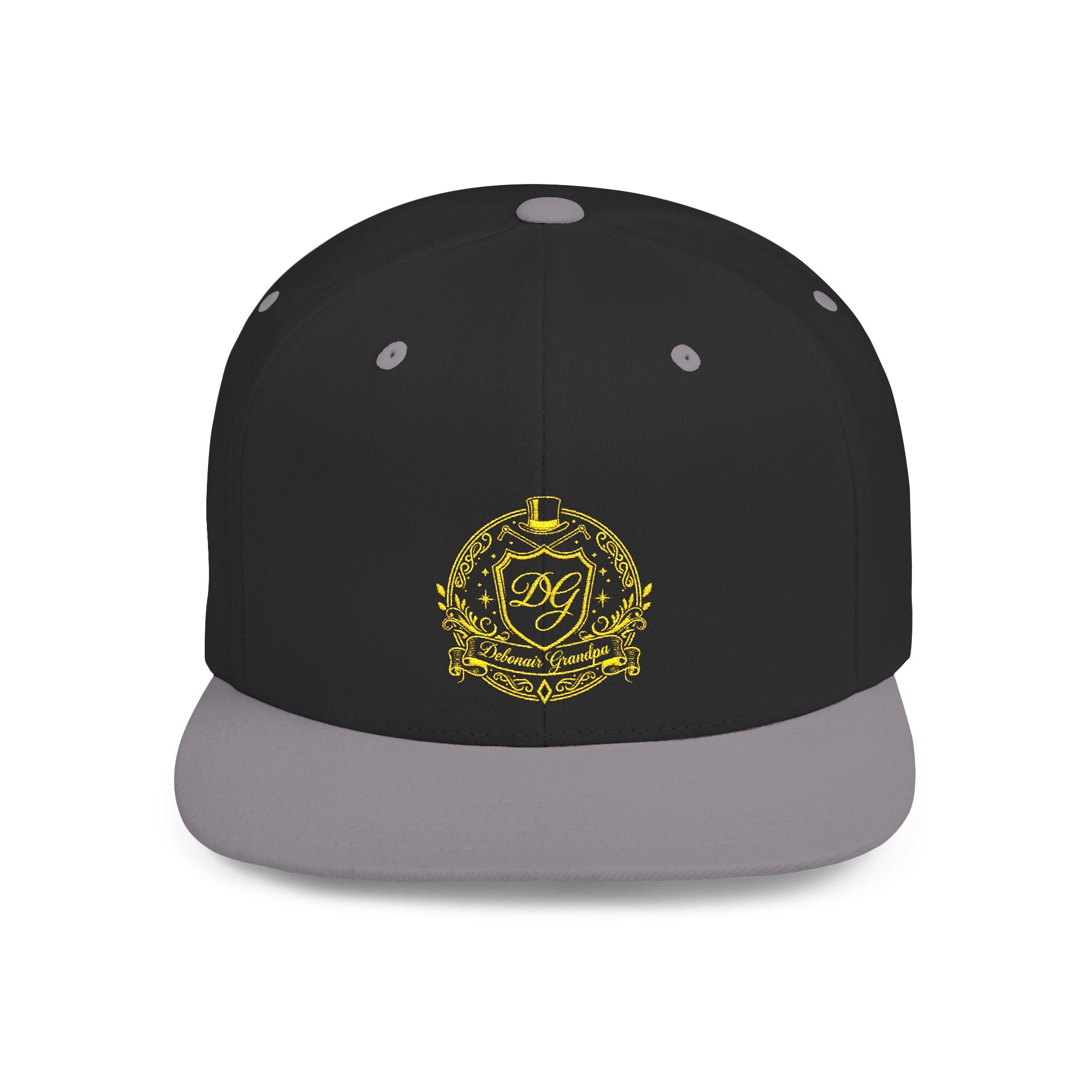 Debonair Grandpa Snapback Hat — Gold Floral Mandala Embroidered Flat Bill Cap