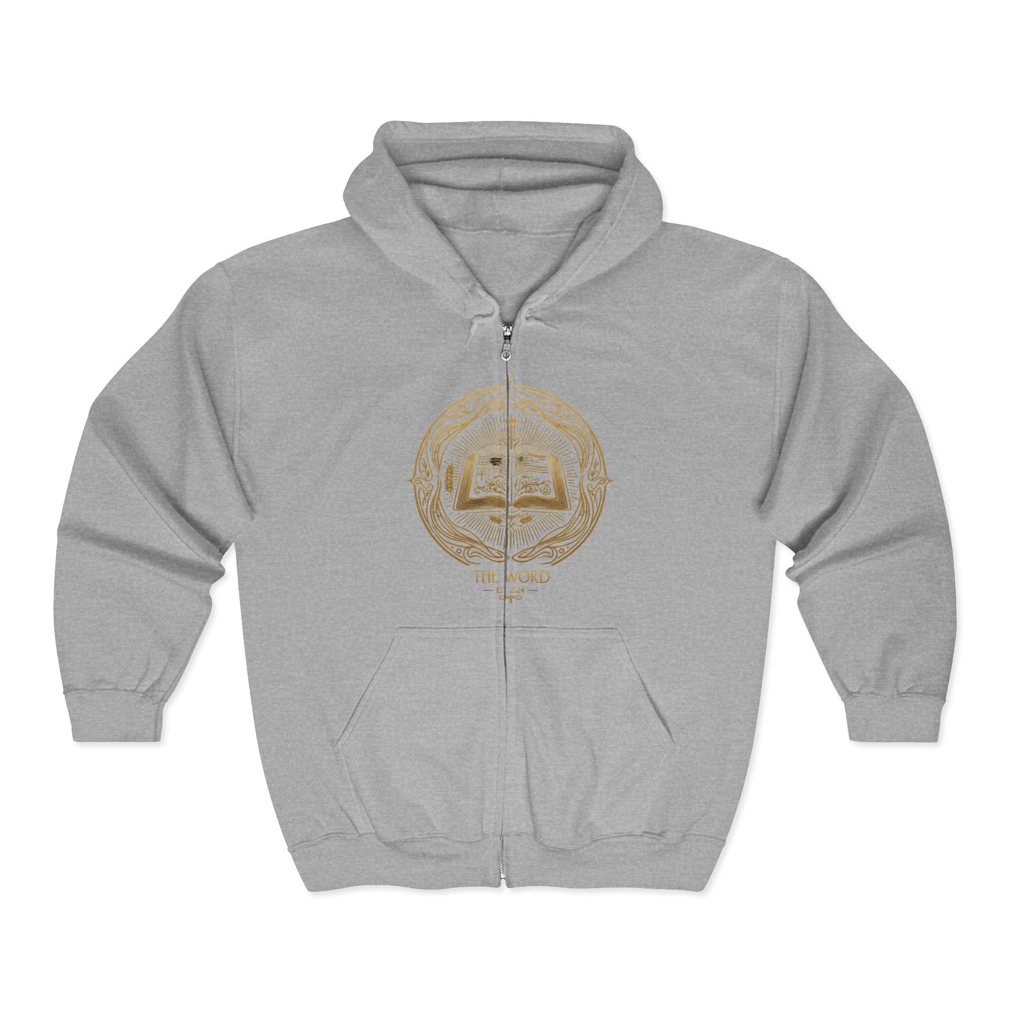 Gold Emblem Zip Hoodie — 'The Word' Vintage Crest Full‑Zip Sweatshirt
