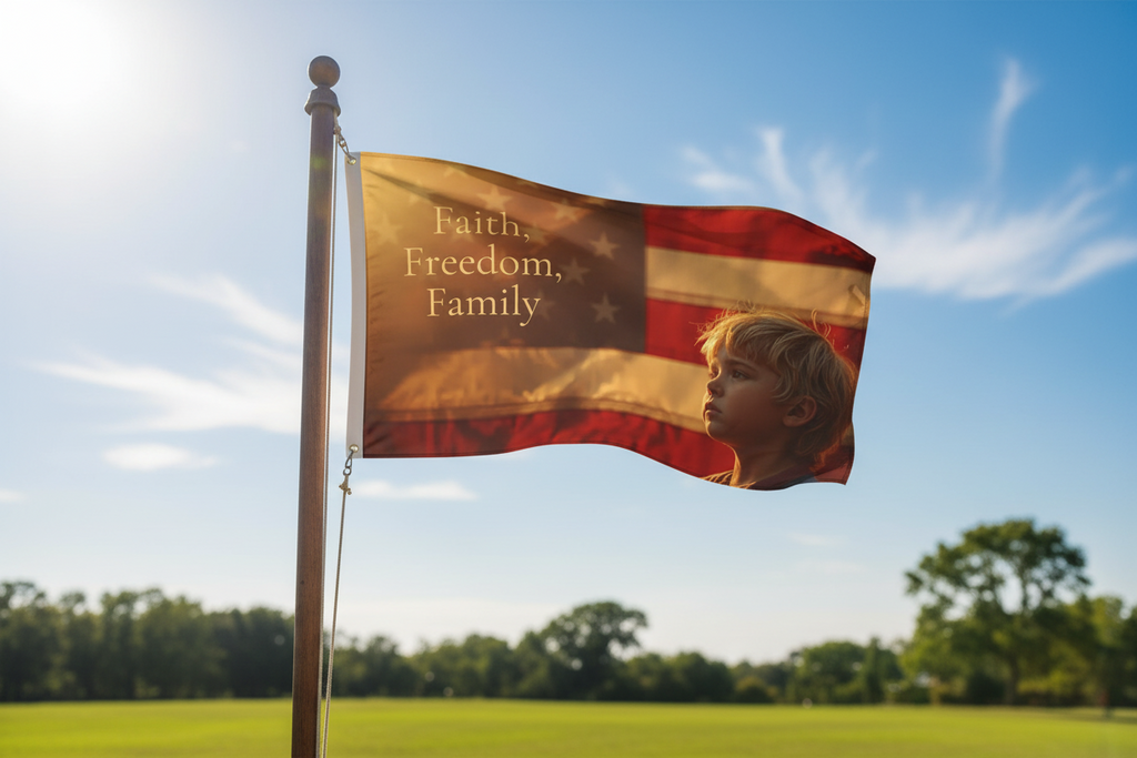 Patriotic Double-Sided Flag – "Faith, Freedom, Family" with Child & American Flag