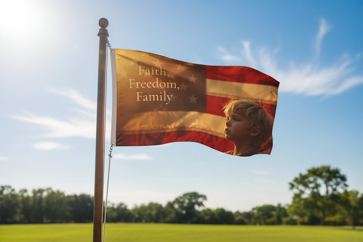 Patriotic Double-Sided Flag – "Faith, Freedom, Family" with Child & American Flag