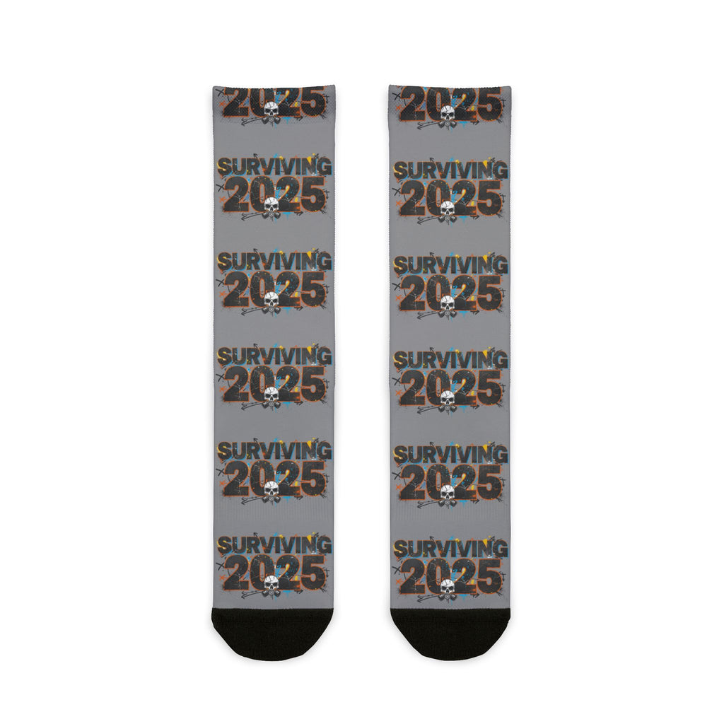 Surviving 2025 Sublimation Crew Socks — Funny Novelty Socks for New Year & Gag Gifts