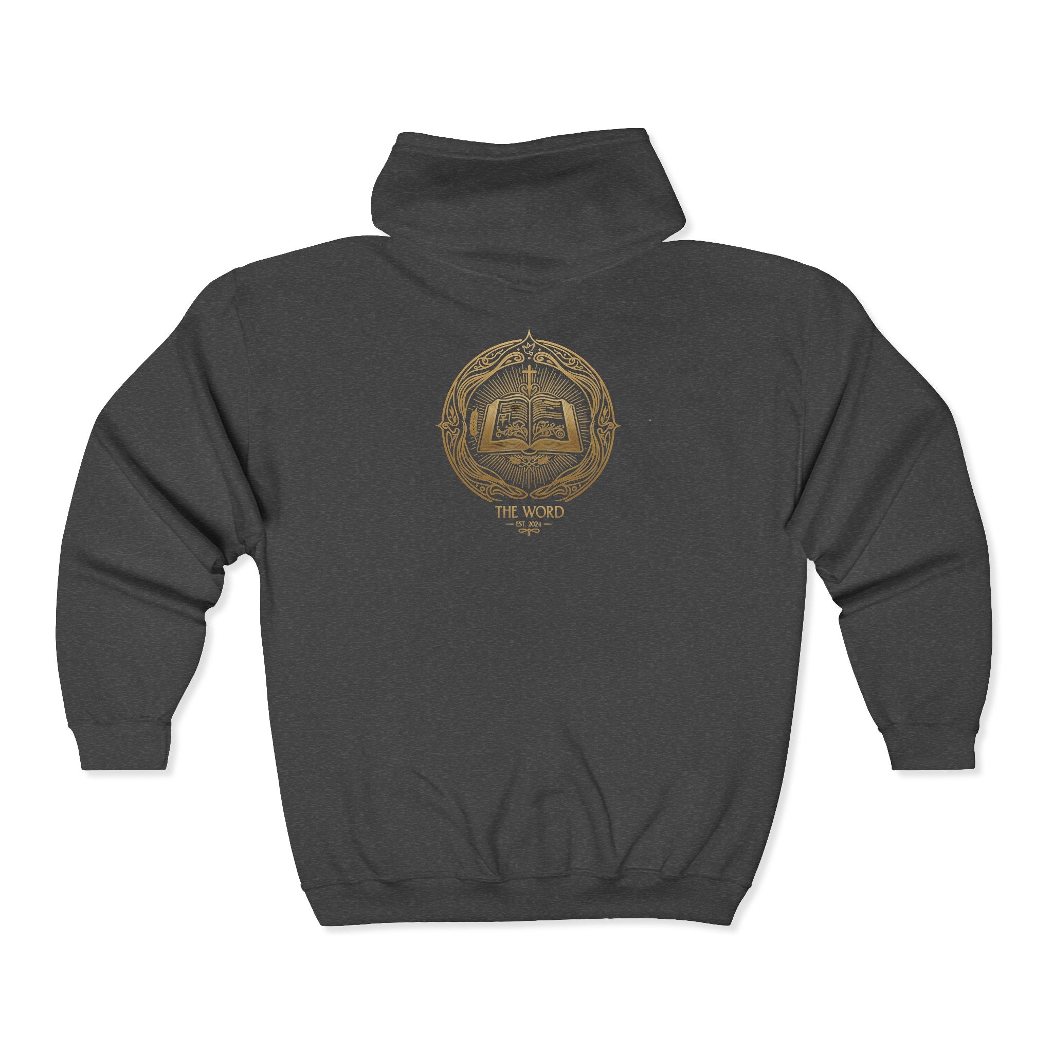 Gold Emblem Zip Hoodie — 'The Word' Vintage Crest Full‑Zip Sweatshirt