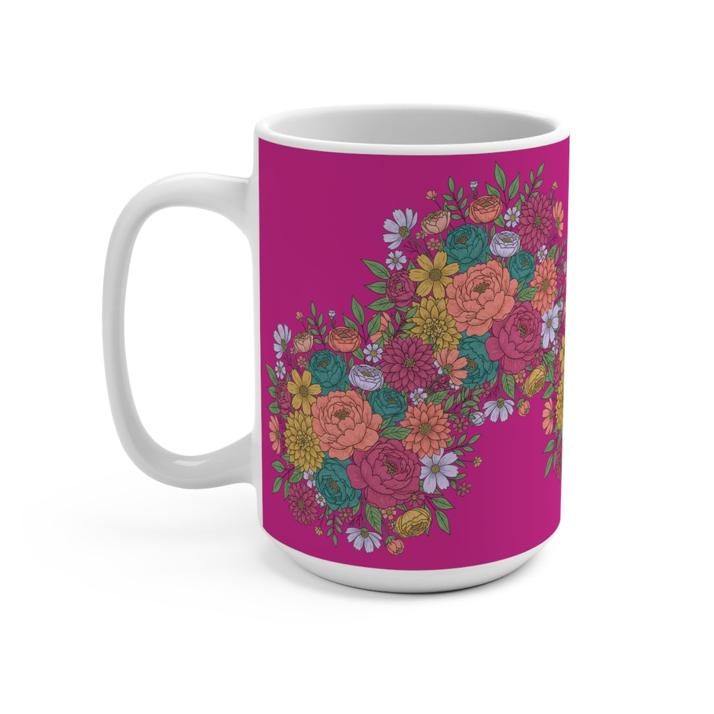 15oz Floral Heart Mug — Bright Pink Bouquet Coffee Cup
