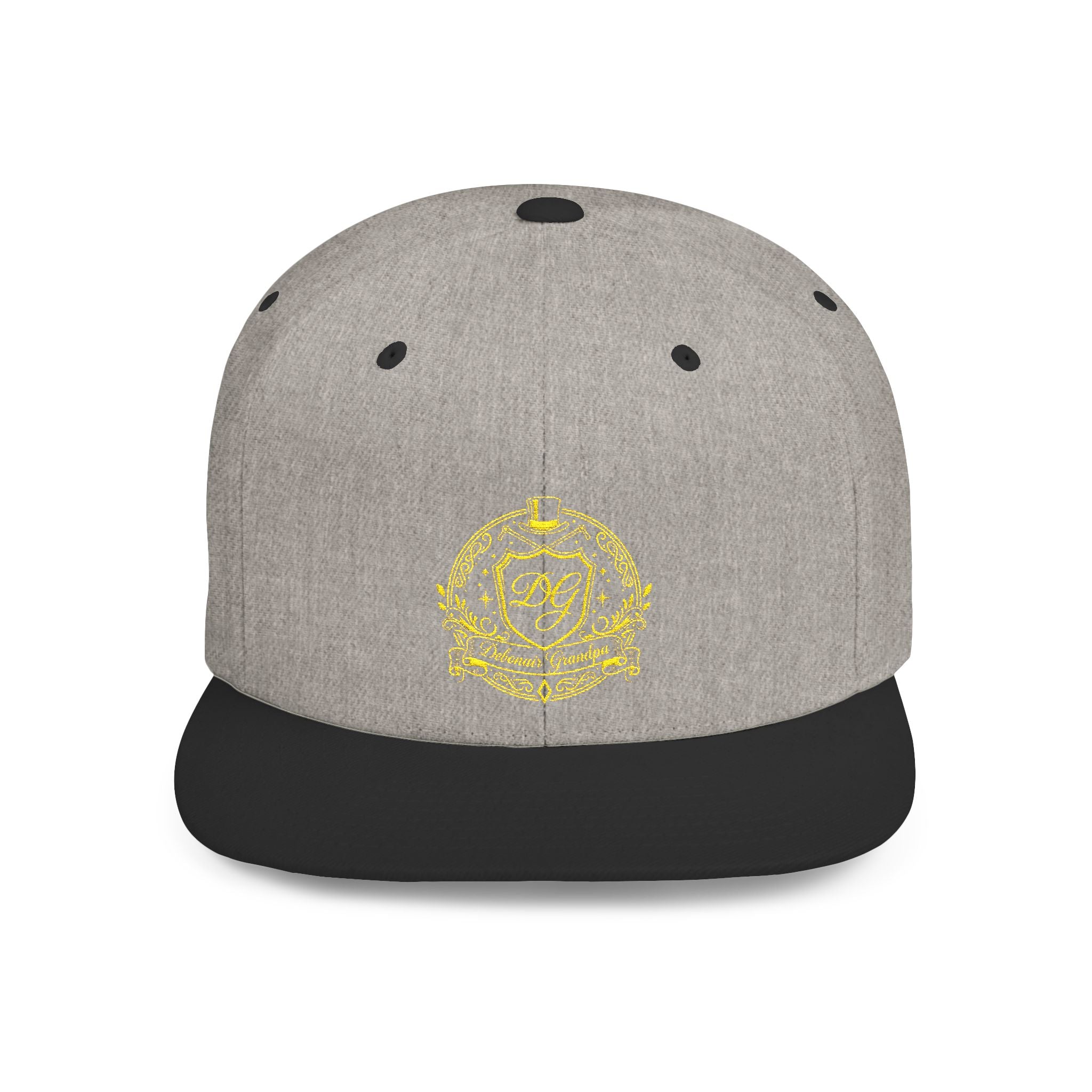 Debonair Grandpa Snapback Hat — Gold Floral Mandala Embroidered Flat Bill Cap
