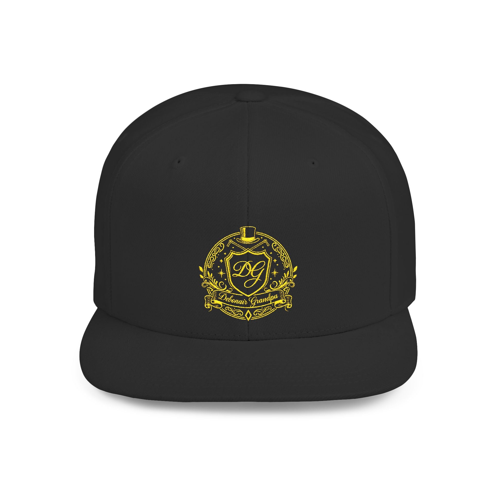 Debonair Grandpa Snapback Hat — Gold Floral Mandala Embroidered Flat Bill Cap