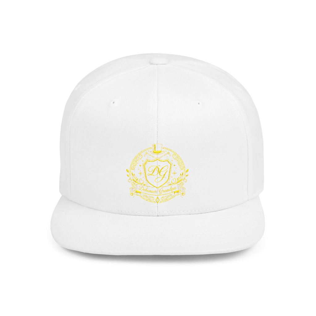 Debonair Grandpa Snapback Hat — Gold Floral Mandala Embroidered Flat Bill Cap
