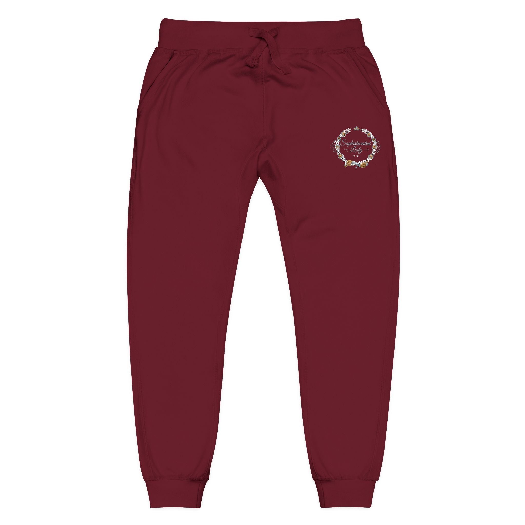 Sophisticated Lady - Embroidered Olive Green Fleece Sweatpants — Floral Compass Logo Joggers