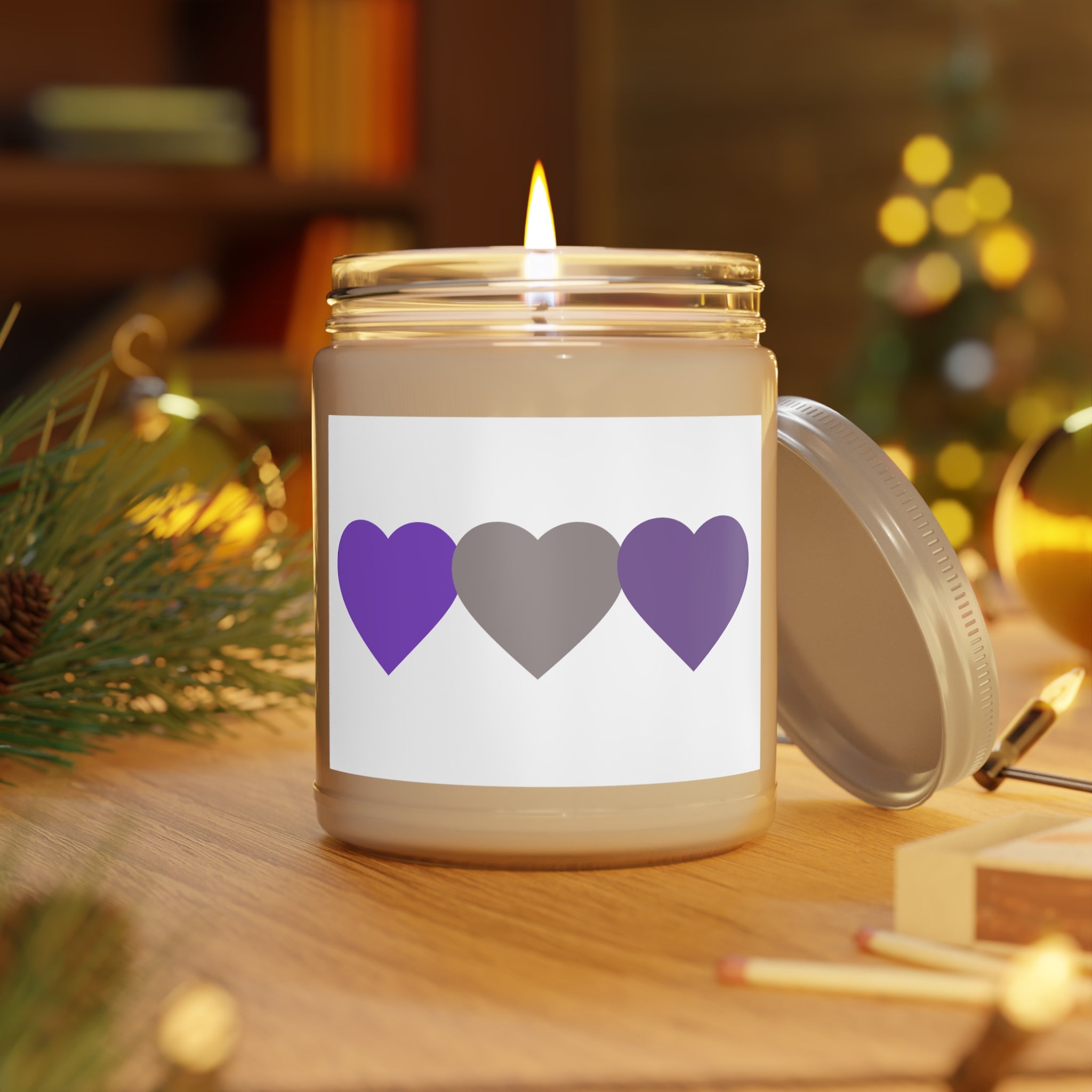 Purple & Grey Heart Soy Candle — 9oz Scented Jar with White Lid