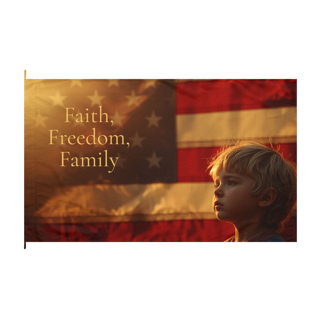 Patriotic Double-Sided Flag – "Faith, Freedom, Family" with Child & American Flag