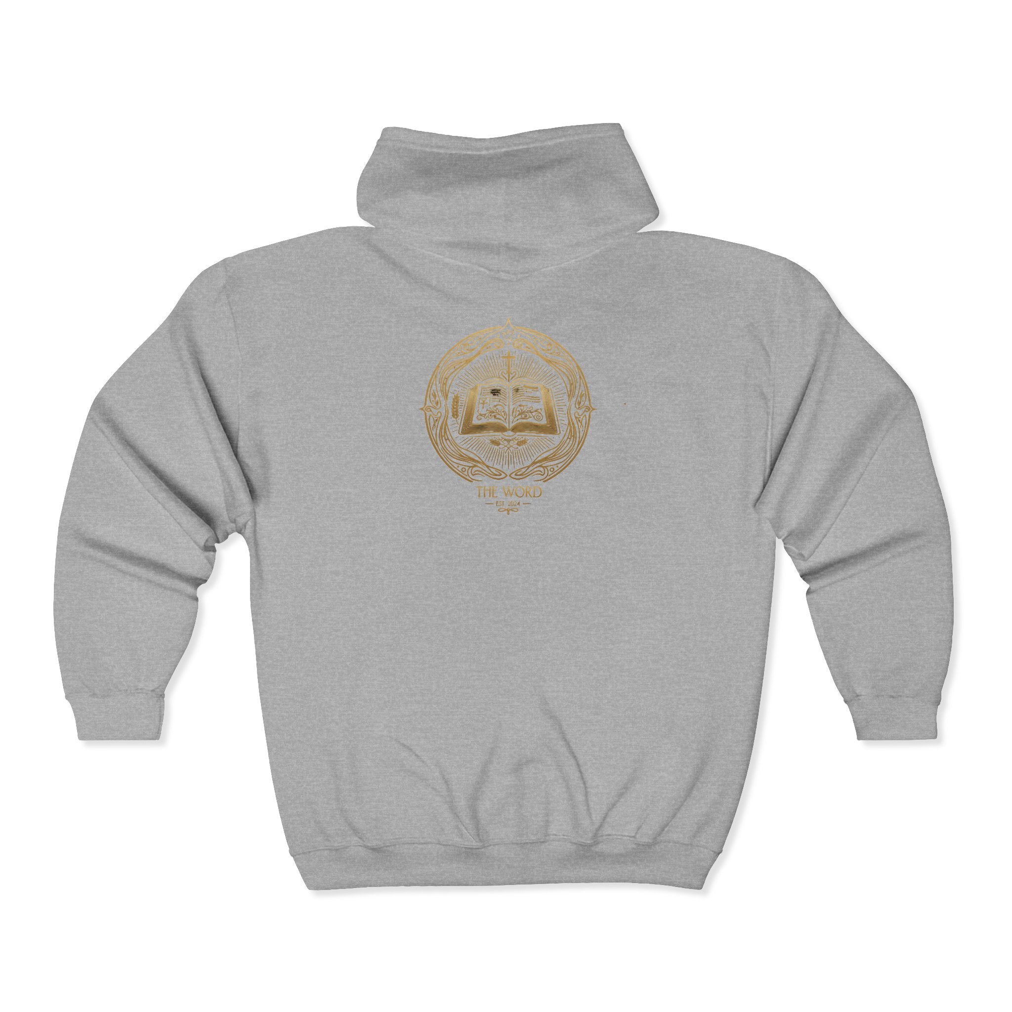 Gold Emblem Zip Hoodie — 'The Word' Vintage Crest Full‑Zip Sweatshirt