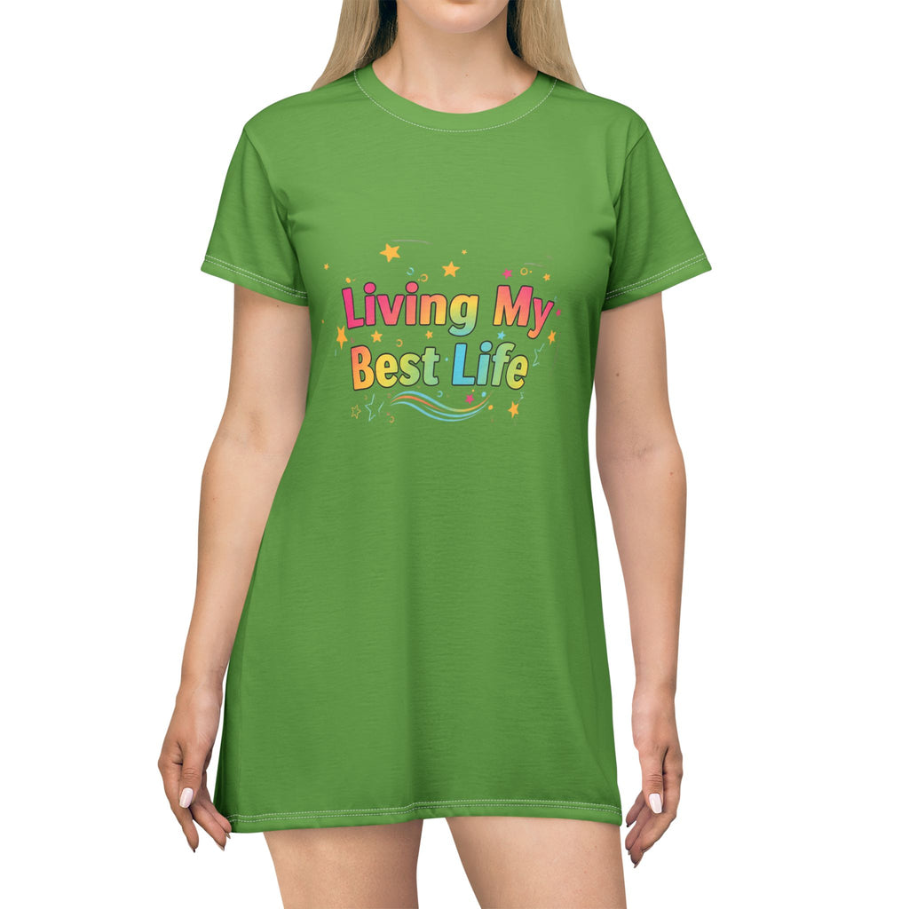 Living My Best Life T-Shirt Dress — Rainbow Positive Graphic Tee Dress