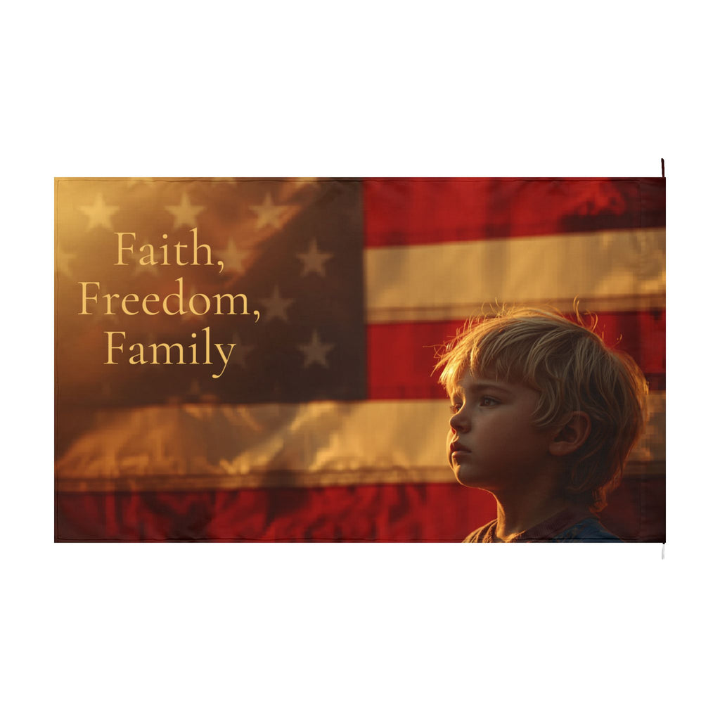 Patriotic Double-Sided Flag – "Faith, Freedom, Family" with Child & American Flag