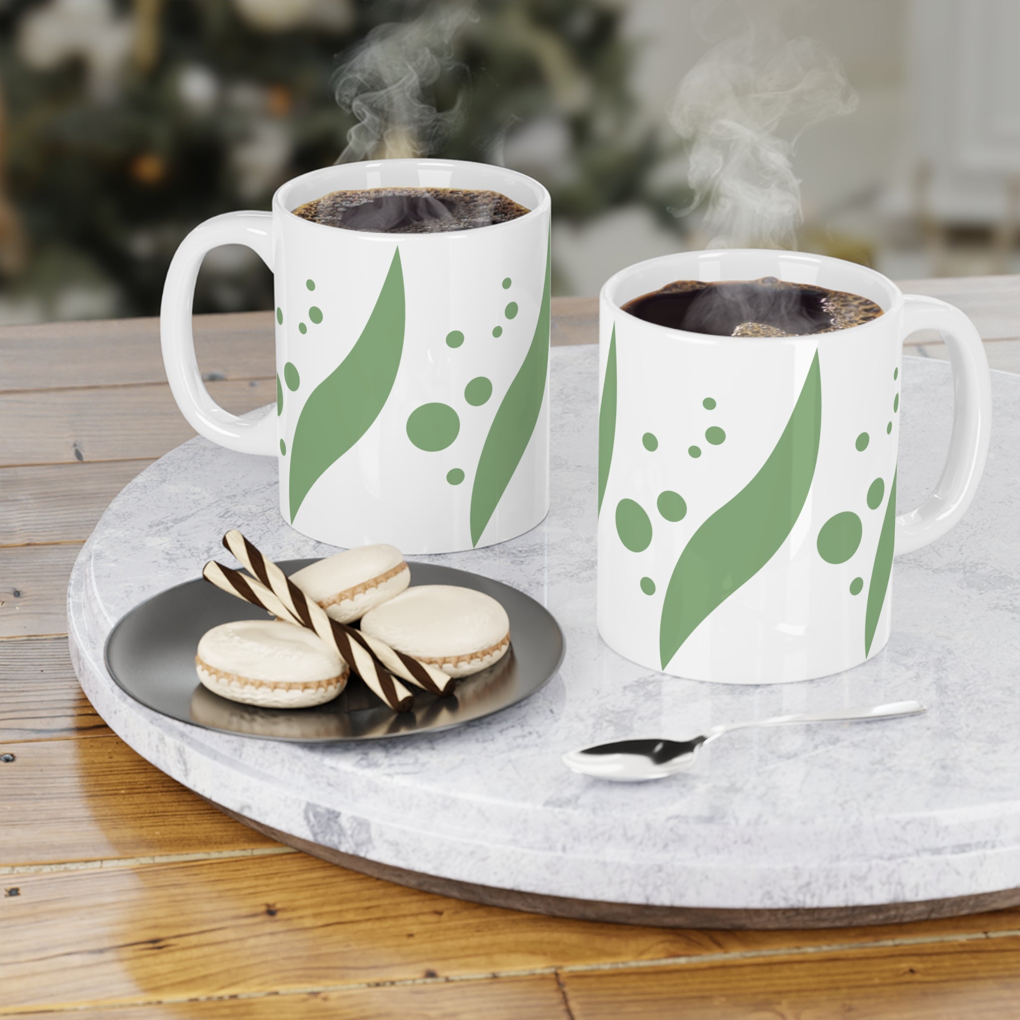 Green Leaf Pattern Ceramic Mug — Botanical Coffee Cup (11oz/15oz/20oz)