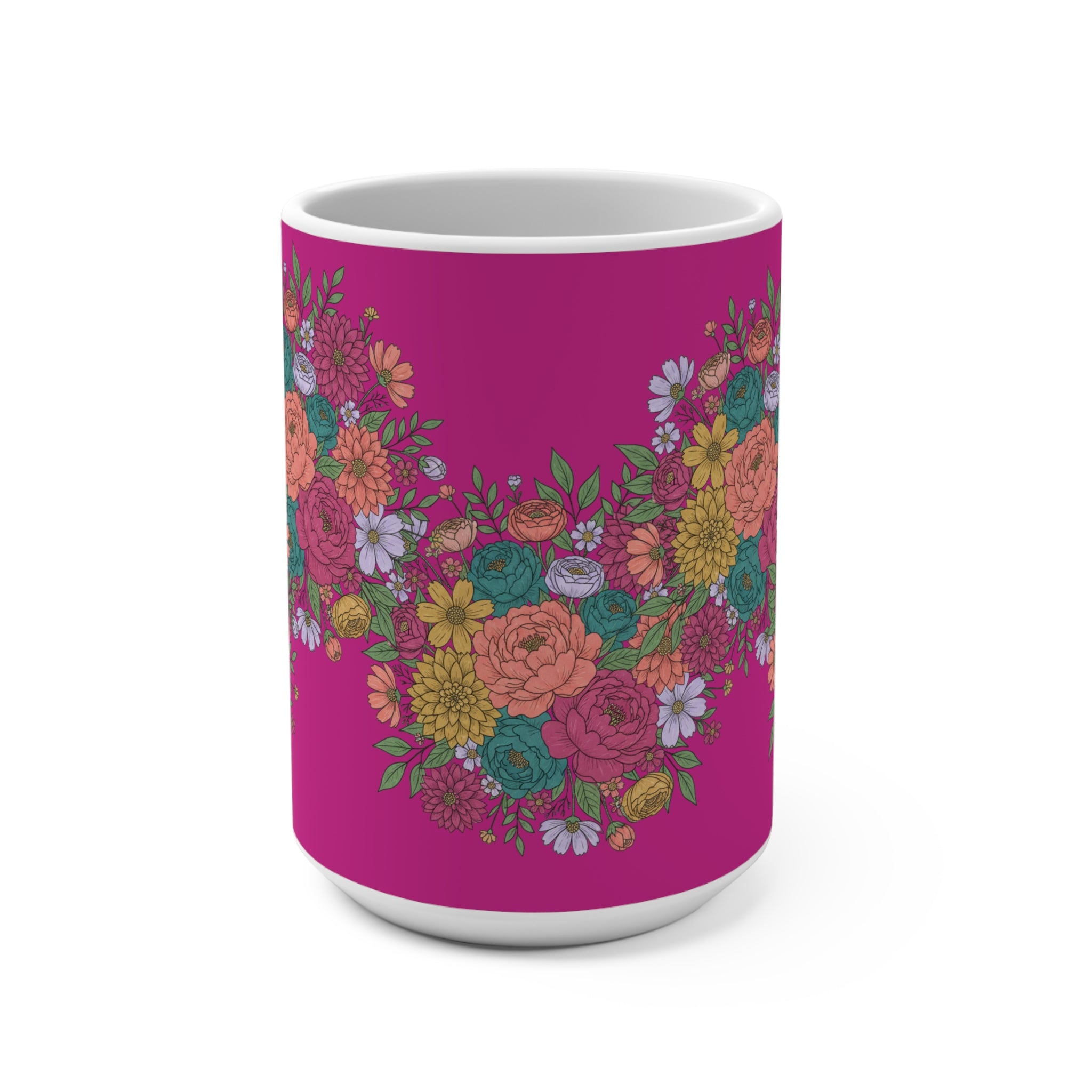 15oz Floral Heart Mug — Bright Pink Bouquet Coffee Cup
