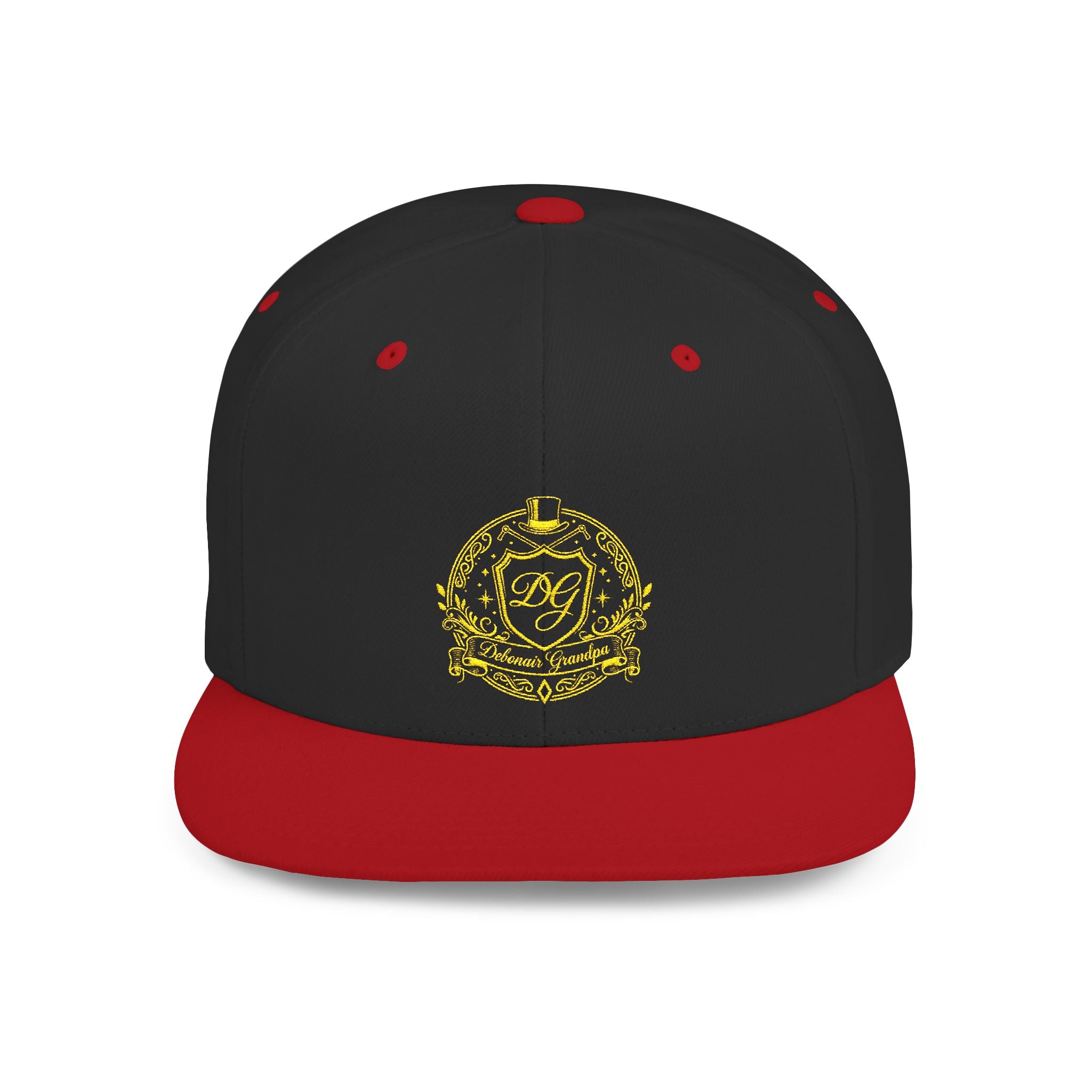 Debonair Grandpa Snapback Hat — Gold Floral Mandala Embroidered Flat Bill Cap